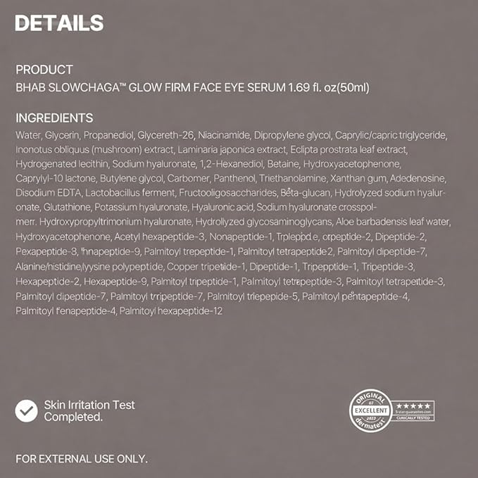 BHAB SLOWCHAGA Glow Firm Face & Eye Serum with Niacinamide, Peptides & Glutathione - Lifting, Firming, Glass Skin Glow, Deep Hydration & Barrier Support Korean Skincare 1.69 fl oz (50ml)