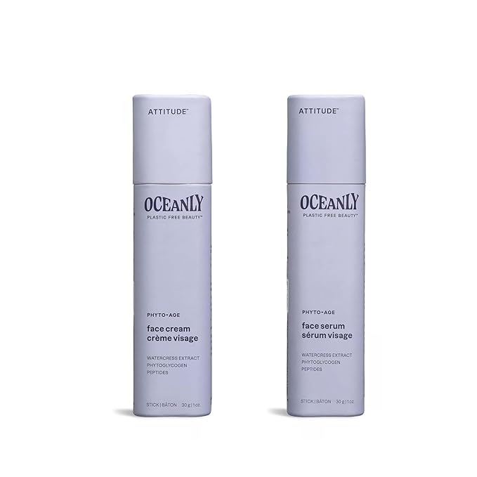 Bundle of ATTITUDE Oceanly Face Cream and Serum Stick, EWG Verified, Plastic-free, Plant and Mineral-Based Ingredients, Vegan and Cruelty-free Beauty Products, PHYTO AGE, Unscented, 1 Ounce