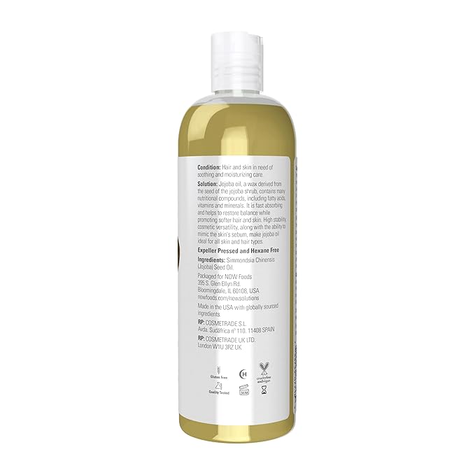 NOW Foods Solutions, Jojoba Oil, 100% Pure Moisturizing, Multi-Purpose Oil for Face, Hair and Body, 16-Ounce