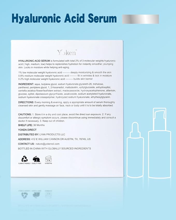 Yoken EWG Verified Hyaluronic Acid Serum for Face 8 + 2 fl oz, Vitamin B5 & Triple Pure Hyaluronic Acid 2%, hydrating Facial Serum for refined texture Hydrating Serum Plump Dry Skin Fragrance-Free