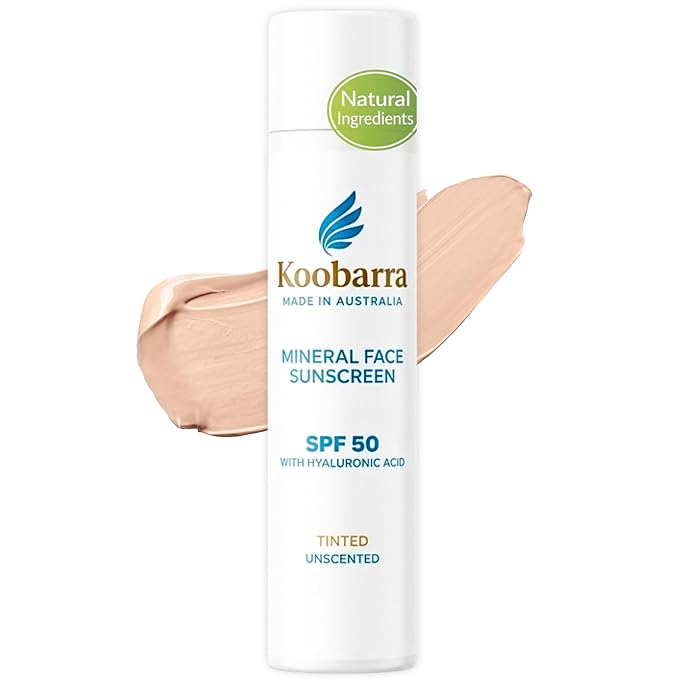 Mineral Face Sunscreen SPF 50, Tinted Aussie Zinc Oxide Sunblock, Hydrating Hyaluronic Acid, Reef Safe, Natural, Organic, Vegan, Australian Made, Ultra Nourishing, Unscented, 100g 3.4oz
