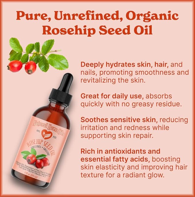 Natural Born Oils Rosehip Seed Oil, 16oz, Organic, Cold-Pressed, Nutrient-Rich, Excellent for Radiant Skin, Lustrous Hair