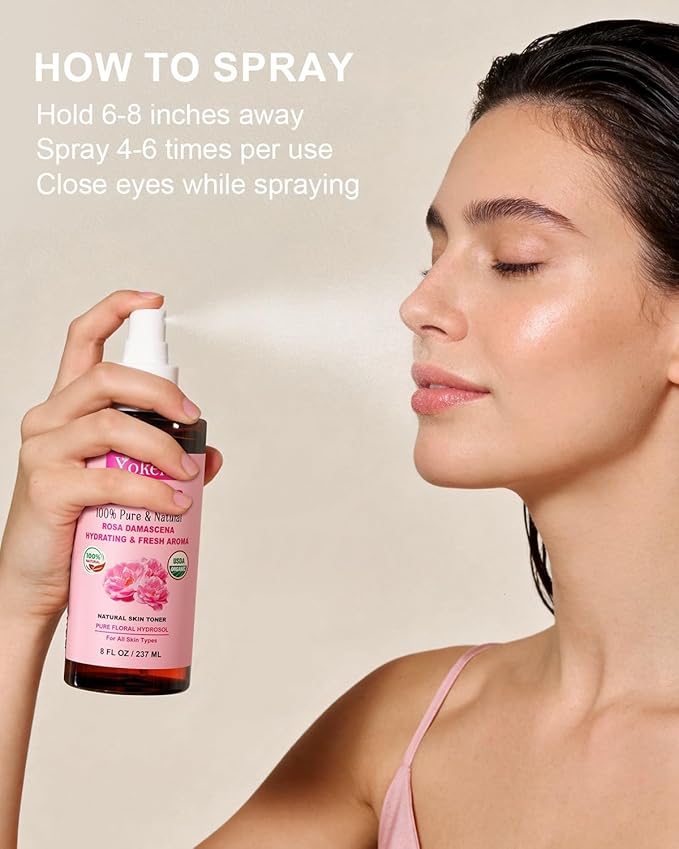 Yoken Organic Rose Water Spray for Face, 8 Fl Oz Fine Mist, Rosewater Face Mist with 100% Pure & Natural Rosa Damascena Rose Hydrosol, USDA Certified Organic, Alcohol Free, Vegan, No Dyes