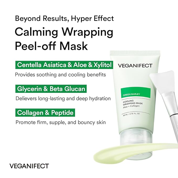 VEGANIFECT Aloe Cica Wrapping Peel Off Facial Mask with Jelly Brush, For Skin Refreshing, Instant Cooling, Soothing, Pore Tightening, Korean Skincare, 2.73 Fl Oz