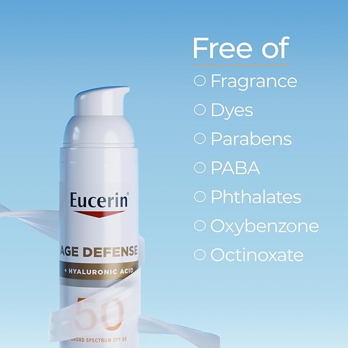 Eucerin Sun Age Defense SPF 50 Face Sunscreen Lotion with Hyaluronic Acid, Hypoallergenic, Non-Comedogenic Sunscreen SPF 50 Free of Fragrance, Oxybenzone and Octinoxate, 2.5 Fl Oz Bottle
