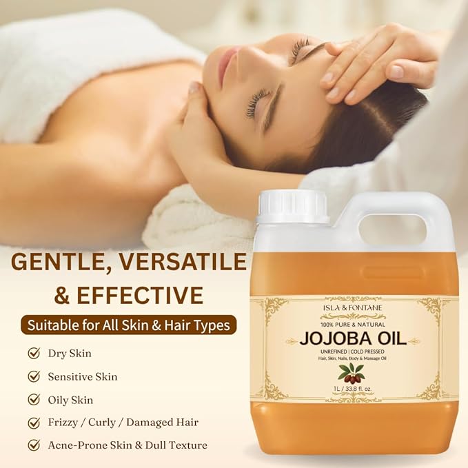 ISLA & FONTANE Jojoba Oil – 1L (33.8 fl oz) | 100% Pure & Natural | Golden, Unrefined, Cold Pressed | Hexane-Free Carrier Oil for Skin, Hair, Face, Nails & Body Moisturizing