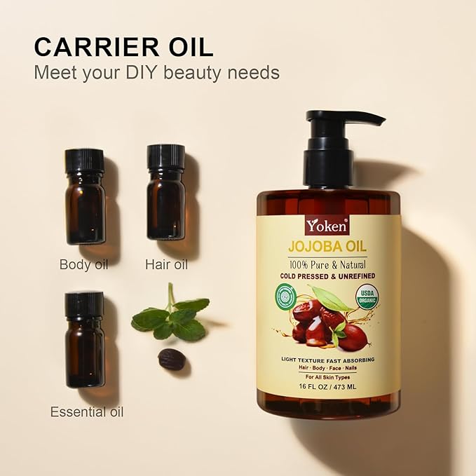 Yoken Pure Jojoba Oil Organic USDA Certified 16 fl oz, 100% Natural Jojoba Oil for Hair, Skin & Face, Cold Pressed Unrefined, Deeply Body Moisturizer Jojoba Carrier Oils for Essential oil Mixing