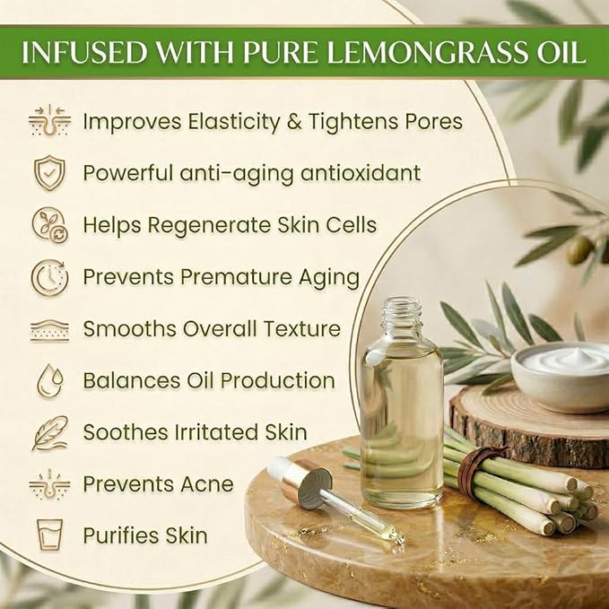 Natural Escapes Lemongrass Body Lotion & Hand Cream for Dry Skin, Firming Moisturizer for Crepey, Itchy & Sensitive Skin, with Coconut Oil, Olive Oil & Ceramides, 8 oz