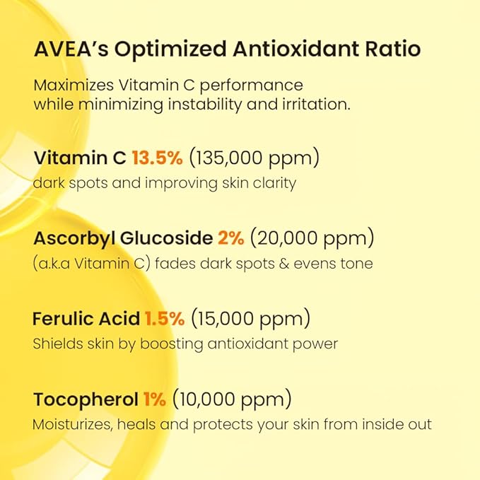 AVEA Vitamin Serum 16.5 – 13.5% Pure Vitamin C + Ascorbyl Glucoside, Vitamin E & Ferulic Acid – Radiance & Even-Tone Support – Lightweight, Non-Sticky Formula – 10ml / 0.33 fl oz