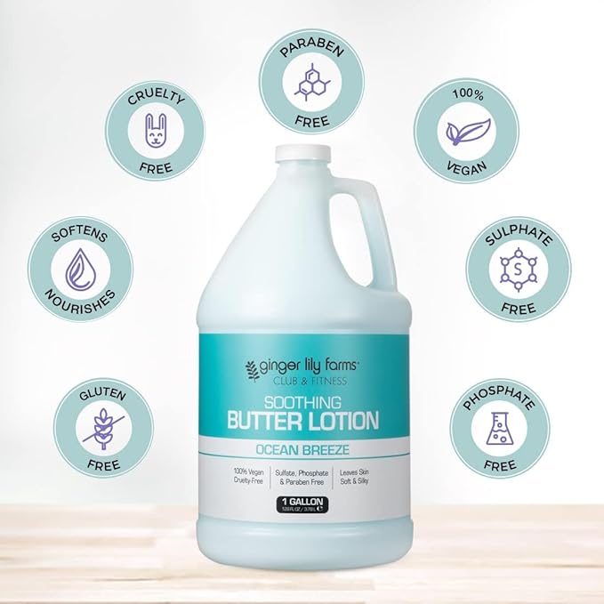 Ginger Lily Farms Club & Fitness Soothing Butter Lotion for Dry Skin, 100% Vegan & Cruelty-Free, Ocean Breeze Scent, 1 Gallon (Pack of 4)