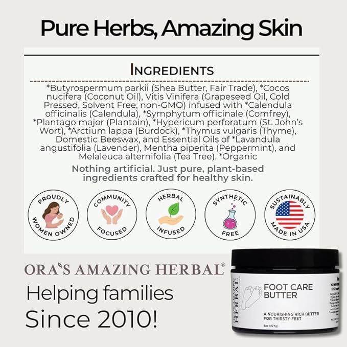 Ora's Amazing Herbal Foot Care Butter, Heel Balm, Foot Balm, Repair Cream for Dry Cracked Heels & Feet (8 oz)