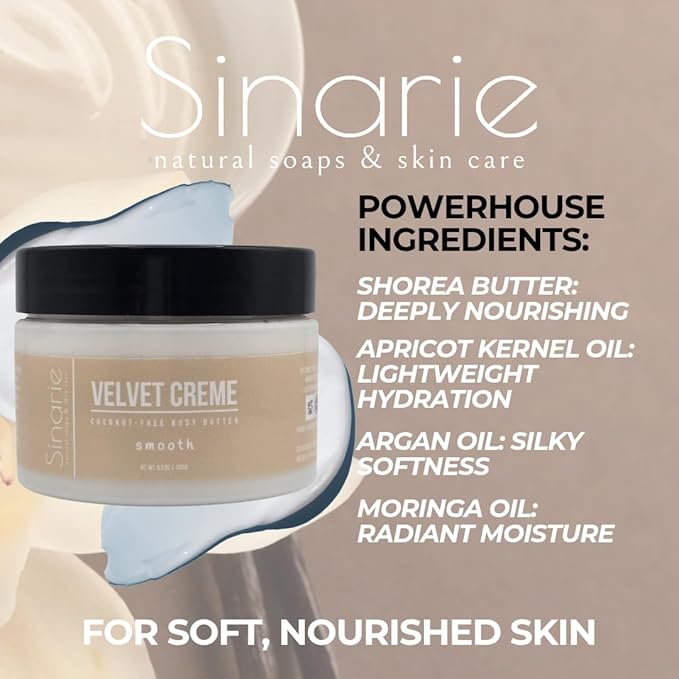 Sinarie Coconut-Free Body Butter | Luxurious Hydration with Shorea Butter, Evening Primrose Oil, Argan & Moringa Oil | Non-Greasy, Natural Ingredients | For Sensitive Skin (5.3 oz., Velvet Crème)
