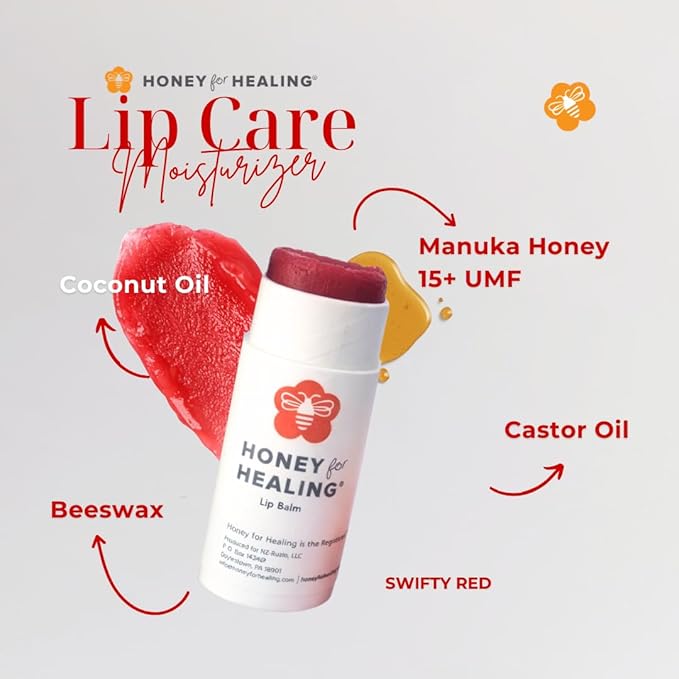 Manuka Honey Lip Balm 15+ UMF – Ultra-Hydrating Formula with Beeswax, Castor Oil & Organic Coconut Oil | 12+ Hour Moisture | Eco-Friendly Recyclable Tube | 0.25 oz / 7 g (Swifty Red)