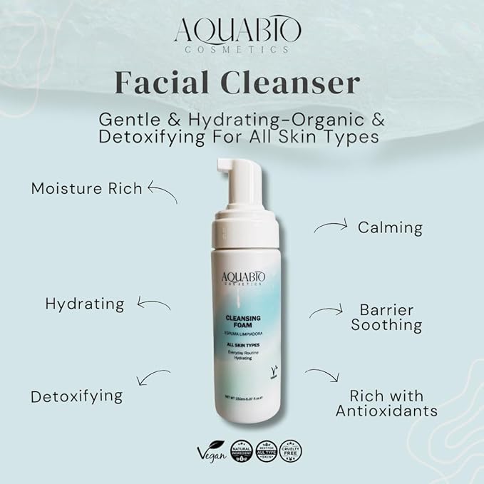 AquaBio Face Cleansing Foam Wash Natural, Clean & Gentle Hydrating Detox for All Skin Types, Vegan & Cruelty-Free with Fruit & Botanical Extracts, Peptide Enriched, Non-Toxic, Paraben-Free, Unisex
