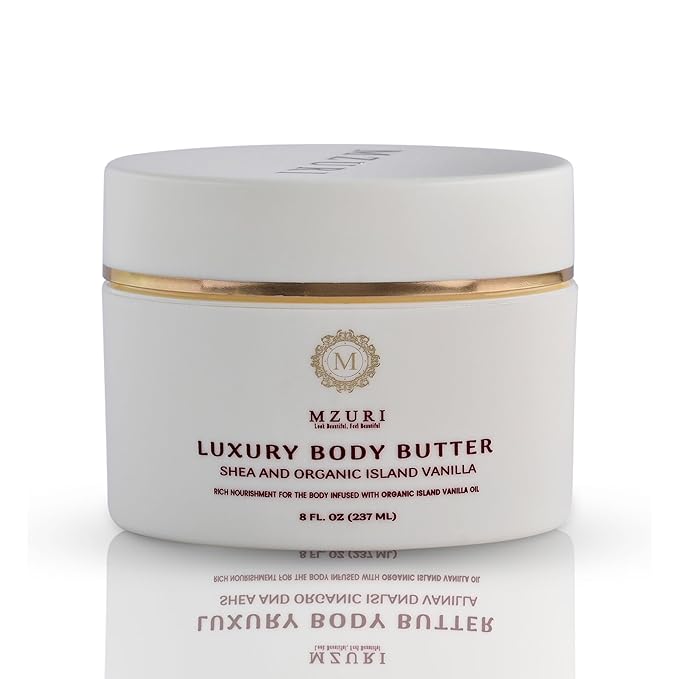 MZURI Body Butter, Whipped Shea and Island Vanilla Blend, Fast-Absorbing, Deep Moisturizing Cream with Essential Oils, Non-Greasy, Natural Skincare for Dry, Glowing Skin, Organic Butter - 8 Fl. Oz