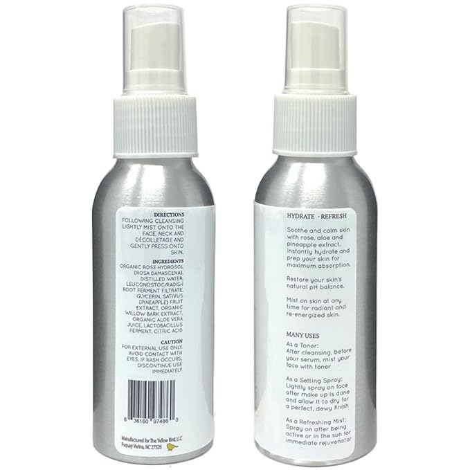 Yellow Bird Natural Rose Water Face Toner - Soothing Facial Hydration Spray, Calming Makeup Setting Mist, Moisturizer Willow Bark to Reduce Redness, Eye Puffiness, Dark Circles