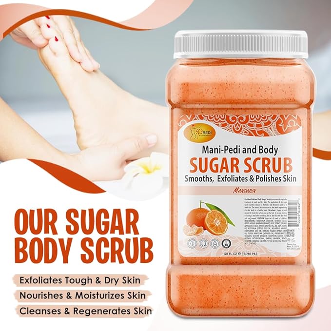 SPA REDI - Sugar Body Scrub, Mandarin, 128 Oz, Exfoliating, Moisturizing, Hydrating and Nourishing, Glow, Polish, Smooth and Fresh Skin - Body Exfoliator