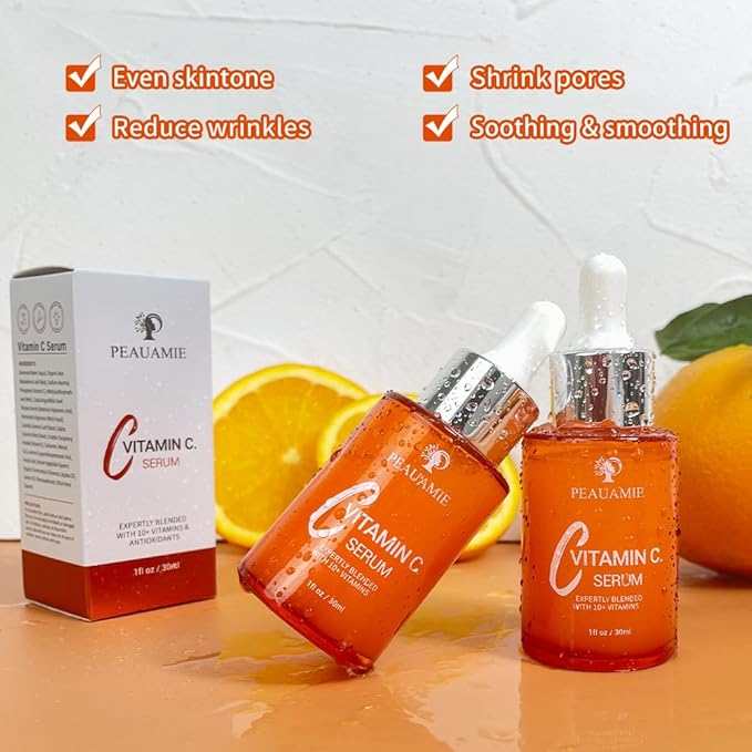 Peauamie Vitamin C Serum for Face Anti Aging with 2% Hyaluronic Acid and 1% Retinol Ferulic Acid,Moisturizer for Fine Lines and Wrinkles 1 Fl Oz x 2 Pack