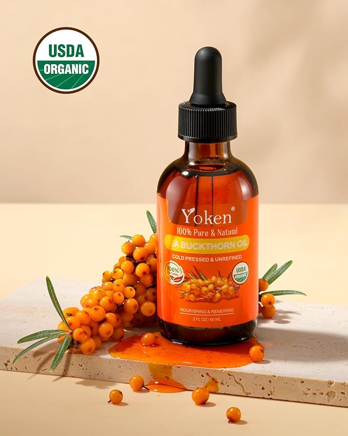 USDA Sea Buckthorn Oil Organic for Face Hair & Nails 2oz - 100% Cold Pressed Natural Facial Oils from SeaBuckthorn Berry for Deep Hydration & Skin Nourishment, aceite de espino amarillo organico