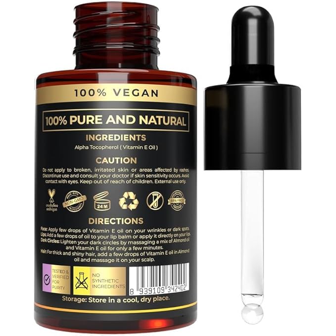 Vitamin E Oil - Cold Pressed for Skin, Face & Hair| 100% Pure Body Oil After Shower | Acne, Spots & Marks | Nails Moisturizer & Cuticle Care | Soap Making Supplies