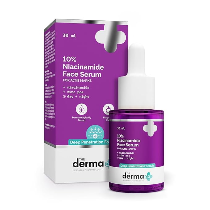 The Derma Co 10% Niacinamide Serum with 2% Zinc, Powered by Deep Penetration Formula Fades Acne Marks, Controls Oil & Reduces Dark Spots 30 ml