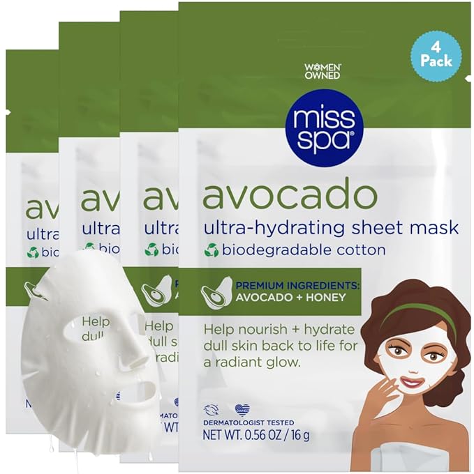 MISS SPA Avocado Ultra-Hydrating Sheet Mask Nourishing Face Mask with Avocado & Honey Deep Moisture Radiant Glow Biodegradable Cotton Dermatologist Tested Clean, 4 pack