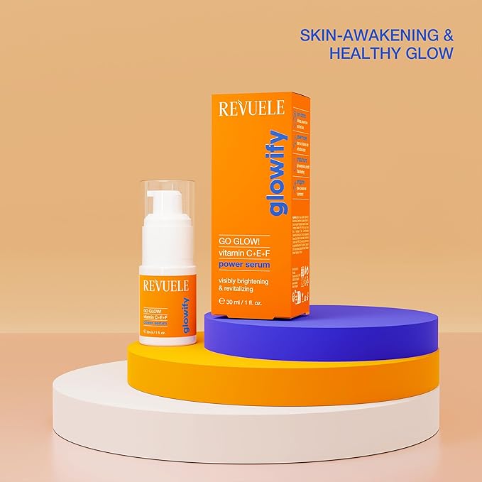 REVUELE Go Glow! Power Serum, 1 fl.oz – Vitamin C + E + F Antioxidant Face Serum for Brightening, Hydration & Even Skin Tone, Fast-Absorbing, Vegan & Cruelty-Free