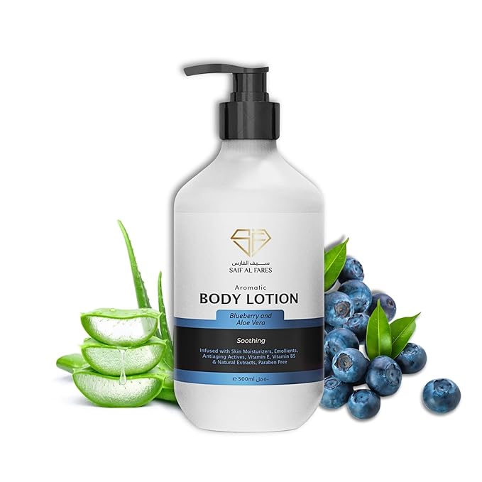 SAIF AL FARES Blueberry and Aloe Vera Body Lotion Alcohol Free and Paraben Free with Blueberry and Aloe Vera Scent made with Emollients, Vitamin E, Vitamin B5 & Natural Extracts 16.9 Fl Oz