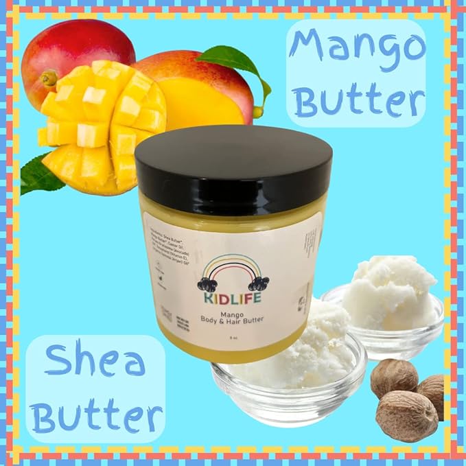 KJ3 Essentials KIDLIFE-All Natural Mango Butter Cream for Body and Hair Moisturizes and nourishes all skin and hair types great for kids and adults 8 oz Organic and Vegan hypoallergenic