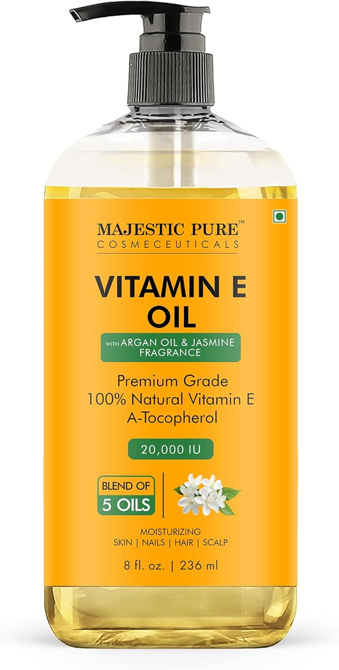 Majestic Pure Vitamin E Oil with Argan 8 Fl Oz - Jasmine fragrance - 100% Pure and Natural- Cold Pressed & Hexane Free Natural Hair Growth Oil for Eyelashes, Eyebrows, Skin, Body, Face, Nails & Scalp