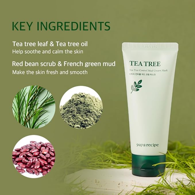 Papa Recipe Tea Tree Control Mud Cream Mask – Bentonite & Kaolin Clay Face Mask, Deep Pore Purifying & Soothing Care, Gentle Exfoliating Korean Mud Mask for Sensitive & Acne-Prone Skin