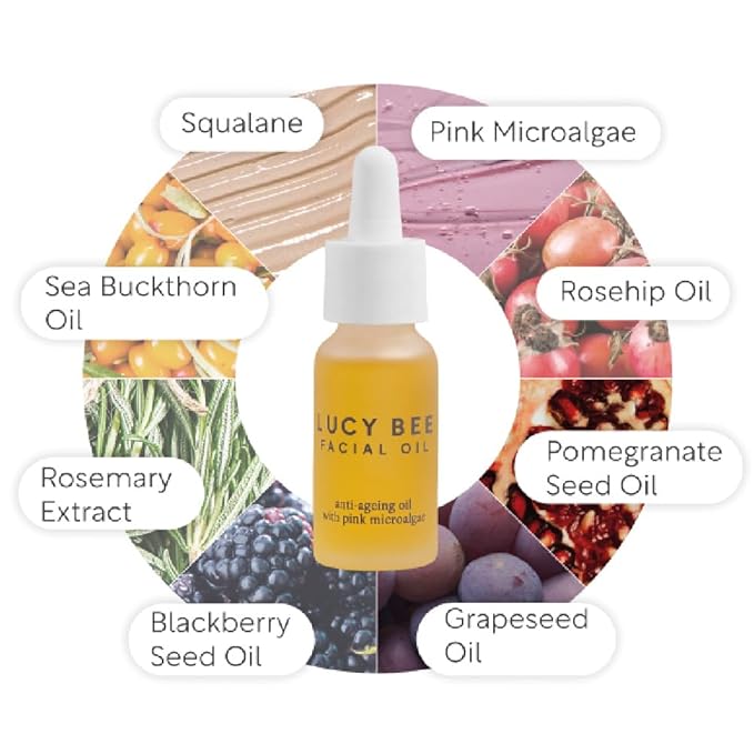 Lucy Bee Face Oil, Certified Organic, Antioxidant Rich Facial Oil, Pink Microalgae, Vitamin E & Squalane, Lightweight & Luxurious, Dermatologist Approved, Cruelty Free & Vegan, 0.6fl oz