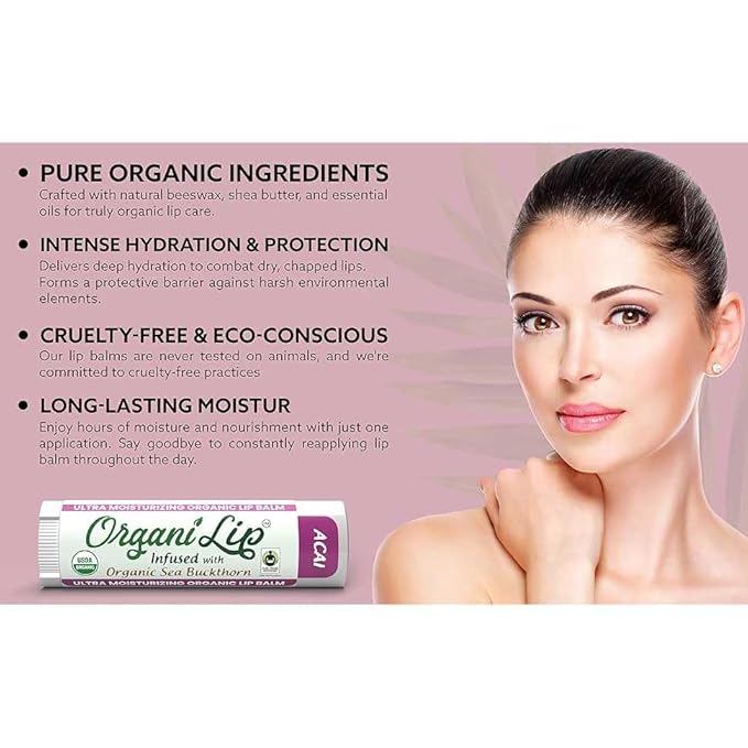 OrganiLip Organic Lip Balm, Acai Flavor, Ultra Hydrating Lip Moisturizer for Cracked or Dry Lips, Infused With Sea Buckthorn, Oval Shaped Tube, USDA Certified Organic, 1 Pack