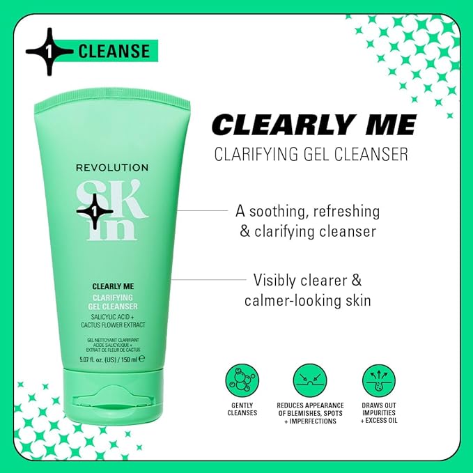 Revolution Skin, Clearly Me 2% Salicylic Acid Clarifying Cleansing Gel, Hydrating Face Wash for Blemish-Prone & Oily Skin, Vegan & Cruelty-Free, 11.69 fl oz