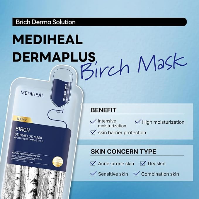 Mediheal Dermaplus Birch Mask (10 counts) - Daily Vegan Mask for Moisturizing Skin with Panthenol & Hyaluron, Korean Self Skin Care Sheet Mask