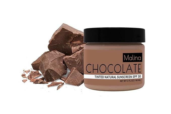 Malina™ Organic Chocolate Tinted Natural Sunscreen | SPF 30+ | Nontoxic | Reef-Safe | No Preservatives | No Synthetic Fragrance | 3 Shades | With Non-Nano Zinc-Oxide (0.5 Fl Oz, Medium)