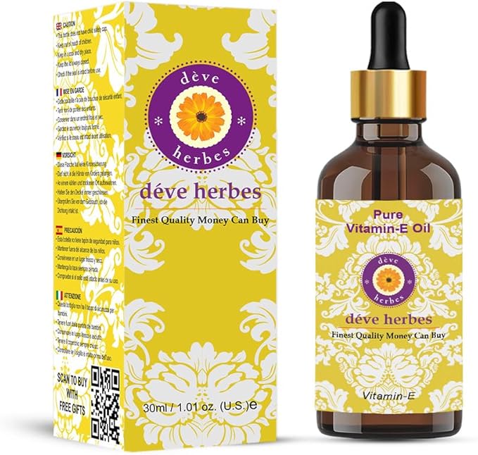 Deve Herbes Vitamin E Oil with Glass Dropper | Infused | Pure | Natutal | Undiluted | for Diluting Essential Oils | for Skin & Massage | Non-Sticky| Lightweight| Men & Women | 30ml (1 oz)