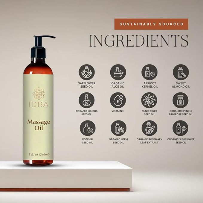 Idra Wellness Body Massage Oil for Massage Therapy - Contains Lavender, Rose, Ylang Ylang - 100% Pure - 240ml, Multipurpose Instant Absorption Full Body Massage Oil - 8 Fl Oz