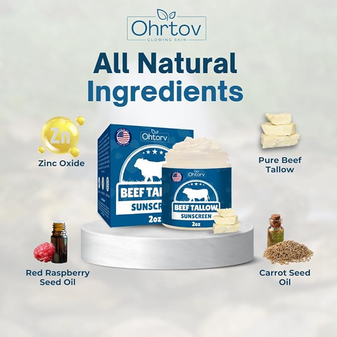 Beef Tallow Sunscreen – Natural Tallow & Zinc Oxide Sunblock Cream for Face & Body – Reef Safe, Non-Greasy Formula with Red Raspberry, Carrot Oil – Sun Protection Suitable for Dry and Sensitive Skin