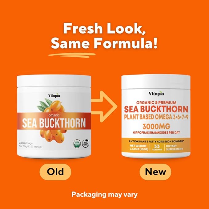Organic Sea Buckthorn Extract Powder with Natural Omega 7 & Omega 3 6 9 for Heart Health, Skin, Immune Support - 100g Powder Supplement & 33 Day Supply - Non-GMO, Gluten-Free, Vegan-Friendly