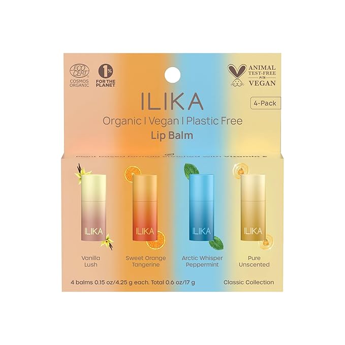 ILIKA 100% Natural Lip Balm - Organic, Plastic-free, Vegan, Cruelty-Free, Vitamin E, COSMOS Certified Organic, 4-Pack Classic Collection - Vanilla, Orange Tangerine, Peppermint, 0.15 oz each