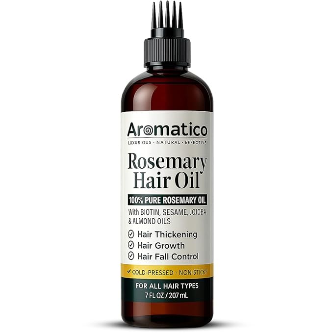 Aromatico 100% Pure Rosemary Oil for Hair Growth, Hair-fall Control & Hair Thickening. Enriched with Sesame, Jojoba & Almond Oils. Non-Sticky Texture. With Applicator Cap - 7 Fl Oz