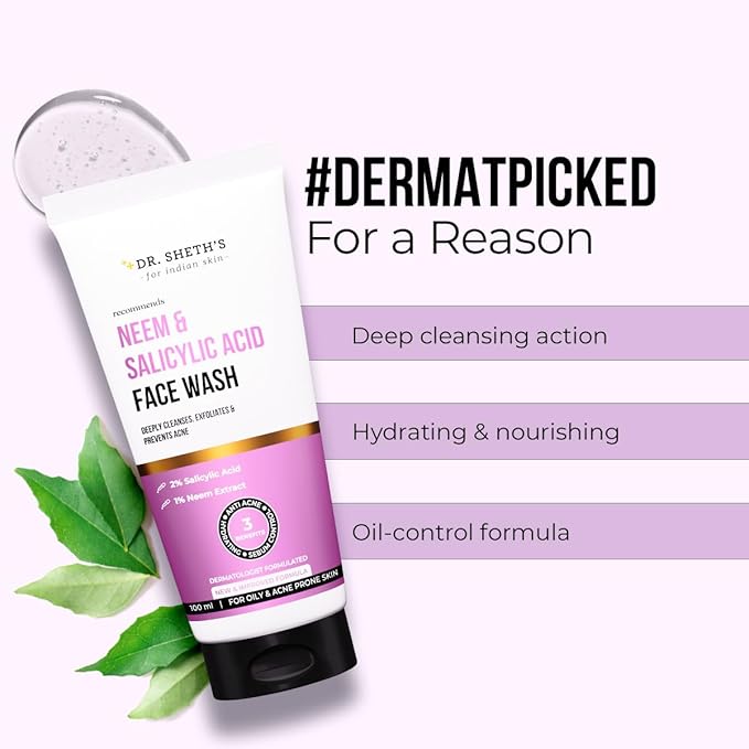 Dr. Sheth’s Neem & Salicylic Acid Face Wash | Deeply Cleanses & Unclogs Pores | Controls Acne, Blackheads & Oil | Unisex BHA Cleanser | 3.38 Fl Oz/100 ml