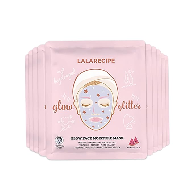 LALARECIPE Glow Face Moisture Mask – Hydrating & Cooling Hydrogel Facial with 8-Hyaluronic Acid, Watermelon & Peptides – Vegan Korean Skincare for Radiant Skin (Pack of 10)