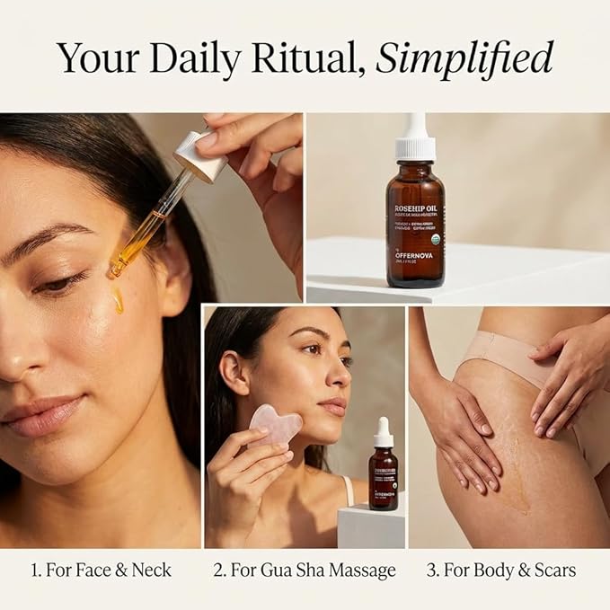 Offernova Organic Rosa de Mosqueta Oil- USDA Certified Rosehip Seed Oil Pure Cold Pressed, Repairs & Brightens Skin - Gua Sha Massage, Face, for All Skin Types - Aceite Facial 1OZ