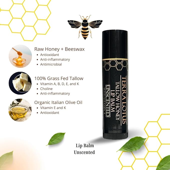Terra Lotus - Tallow Lip Balm (5 Pack) - Hydrating With Organic Italian Olive Oil, Pure Grass Fed Tallow, and Beeswax - Long Lasting Lip Therapy (Unscented)