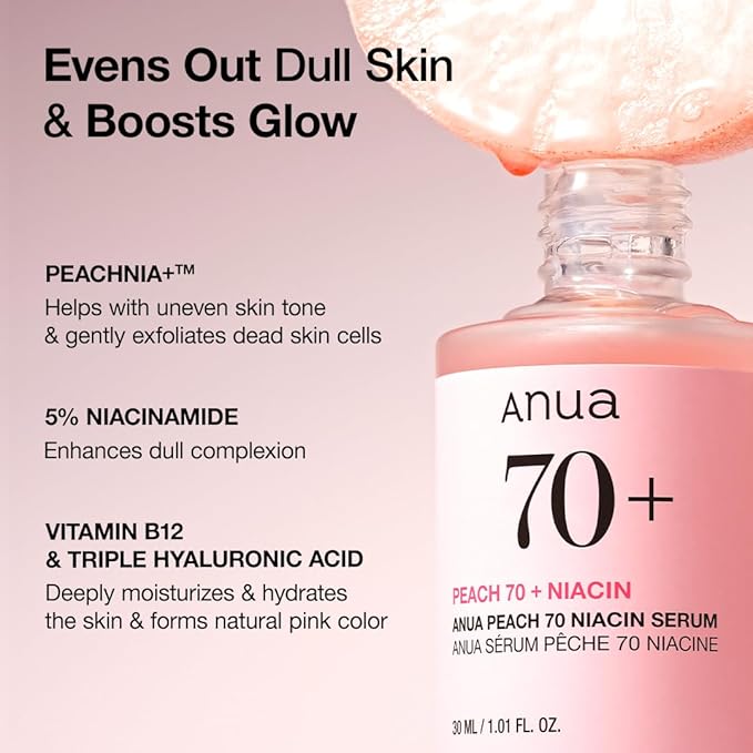 Anua Peach 70 Niacinamide Serum, Daily Glow Serum For Face, Skin Tone & Dullness Care with Vitamin B12, Lightweight, Hydrating For Glass Skin Effect, Korean Skin Care, 1.01 fl.oz
