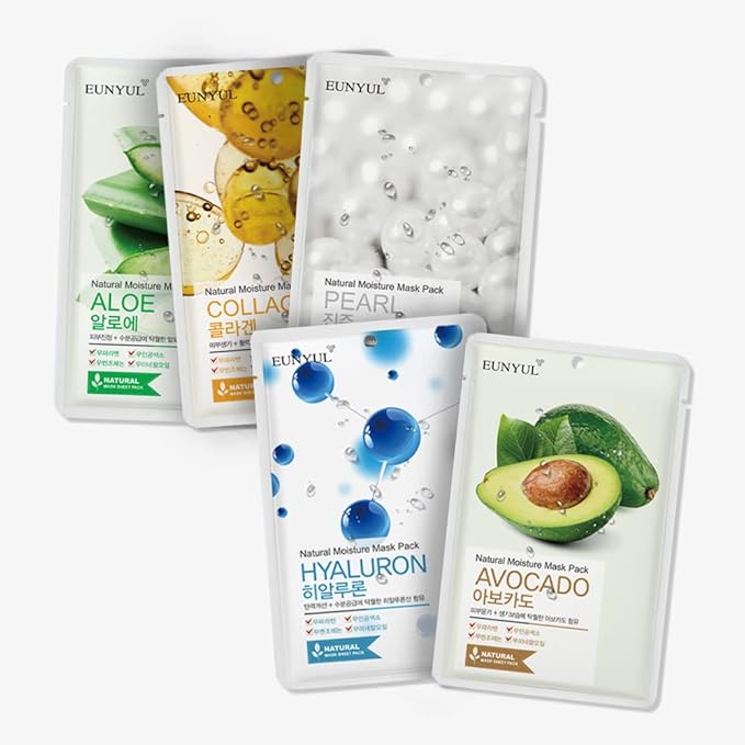 EUNYUL Natural Mask Sheet [Pack of 50] - Bulk Value Set, 5 Types x 10 Sheets (Aloe, Collagen, Pearl, Hyaluron, Avocado) - Korean Face Sheet Masks for Daily Skin Care