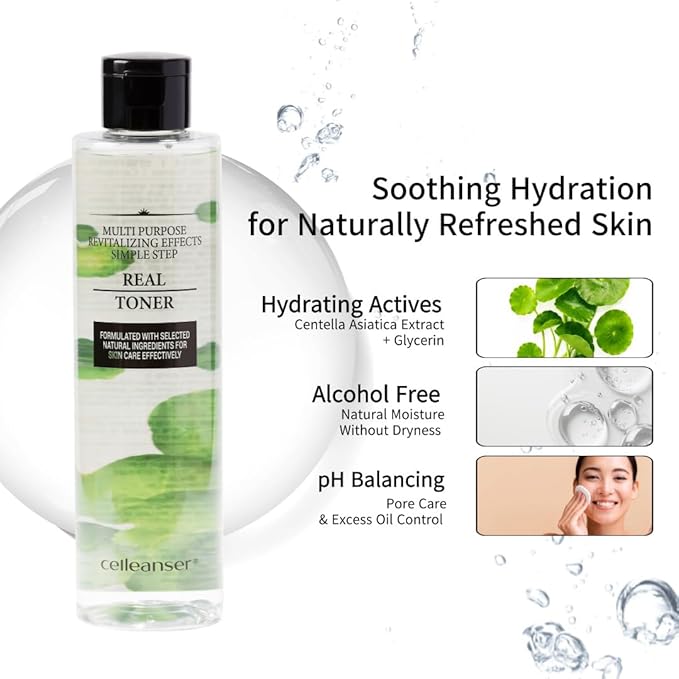 Real Toner-Facial Toner with Centella Asiatica Extract for Soothing, Protecting and Hydrating Skin, Alcohol-Free, Vegan, 6.76 oz