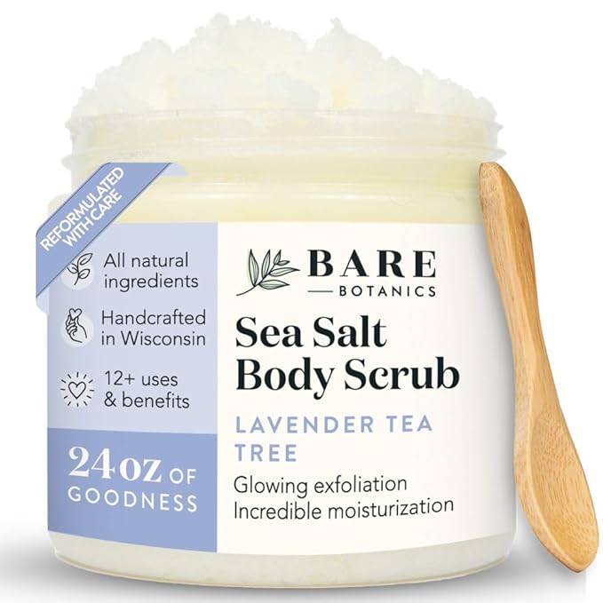Bare Botanics Lavender Tea Tree Body Scrub 24oz | Made in Madison, WI | All Natural Sea Salt Exfoliator w/ Skin Loving Moisturizers | Vegan & Cruelty Free | Gift Ready Packaging w/ a Cute Wooden Spoon